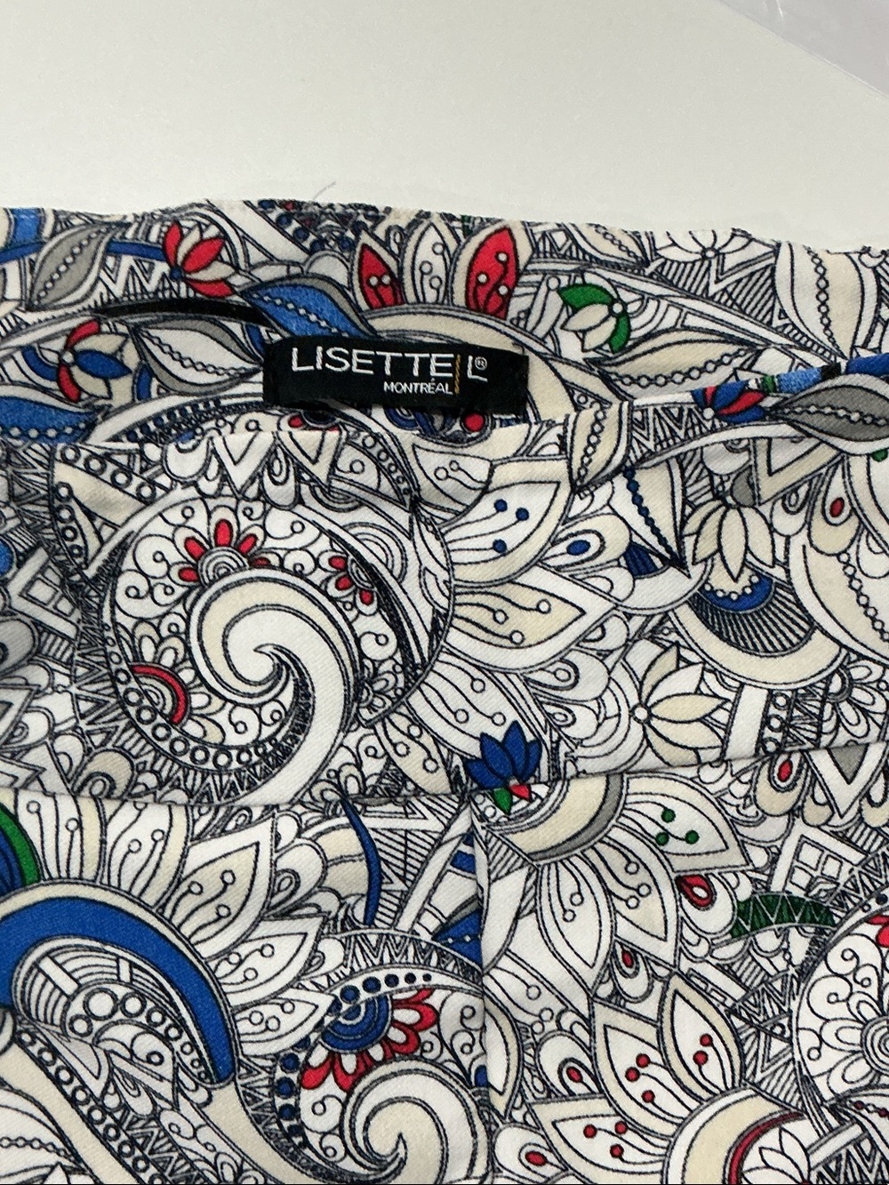 LISETTE Women's Flat Front Pants - White with Blue, Red & Green Paisley Print